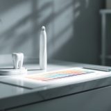 Espejo dental, sonda y guía de color de dientes sobre mármol blanco en una clínica dental