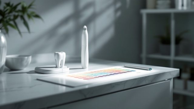 Espejo dental, sonda y guía de color de dientes sobre mármol blanco en una clínica dental